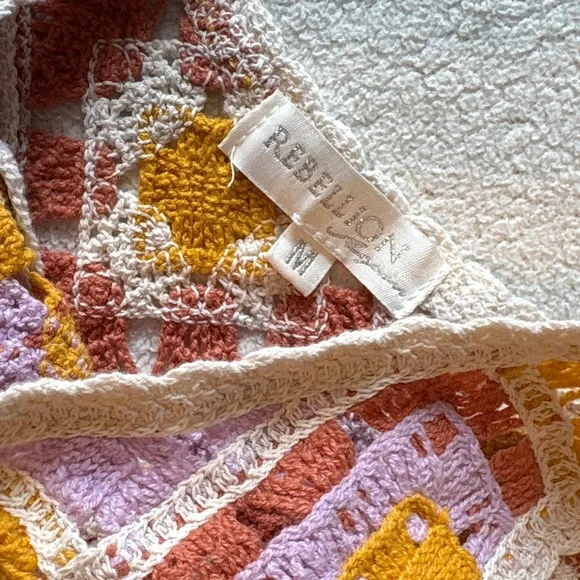 Rebellion Again Crochet Cropped Tank Top, Pink Mustard Cream. Size Medium - Picture 3 of 7